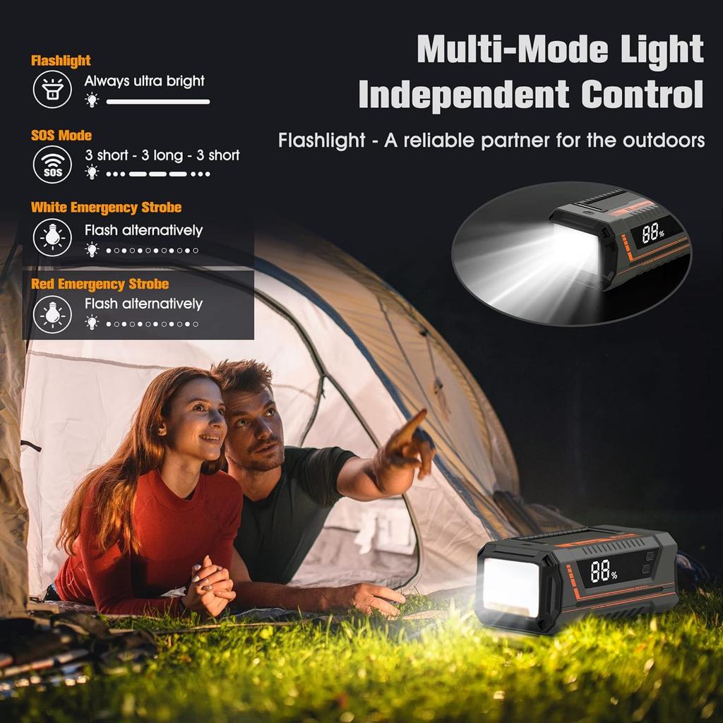 Автомобильный пусковой аппарат 2000А 20000мАч 12В Портативный бустер с USB QC 3.0, Type C, светодиодной подсветкой