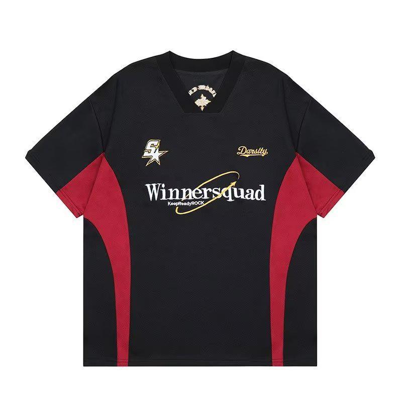 Футболка свободного кроя из джерси с V-образным вырезом и вышивкой в стиле ретро унисекс, короткий рукав, повседневный тренд