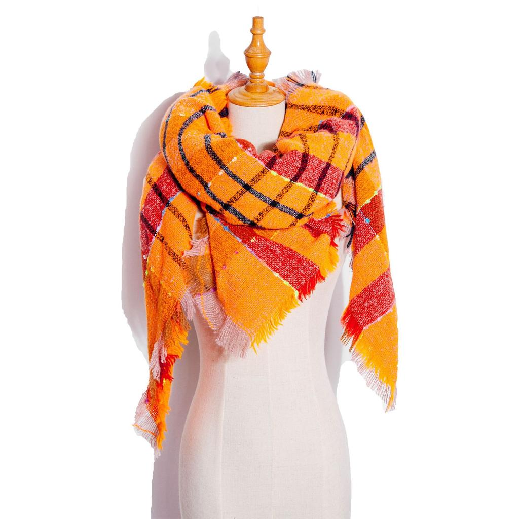 Осенне-зимний шарф с кисточками, женский клетчатый теплый треугольный платок