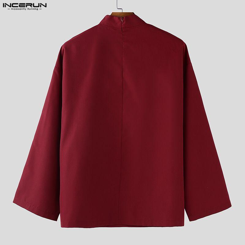 INCERUN Мужские рубашки оверсайз с воротником-стойкой, завязками и длинным рукавом, повседневные, свободного кроя