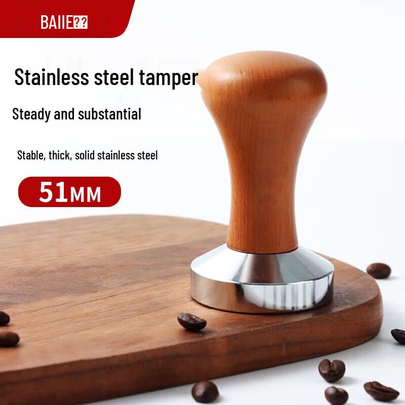 BaiJie 51mm Stainless Steel Coffee Tamper with Wood Handle