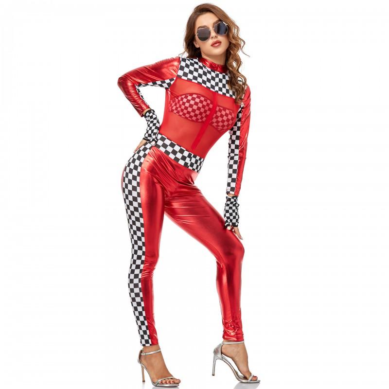Womens Mesh PU Leather Jumpsuit Red Black Game Theme Stage Performance Outfit Cheerleading Racing Costume