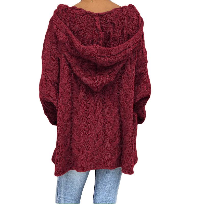 Women's Autumn and Winter Knitted Thickened Twist V-Neck Hooded Loose Sweater