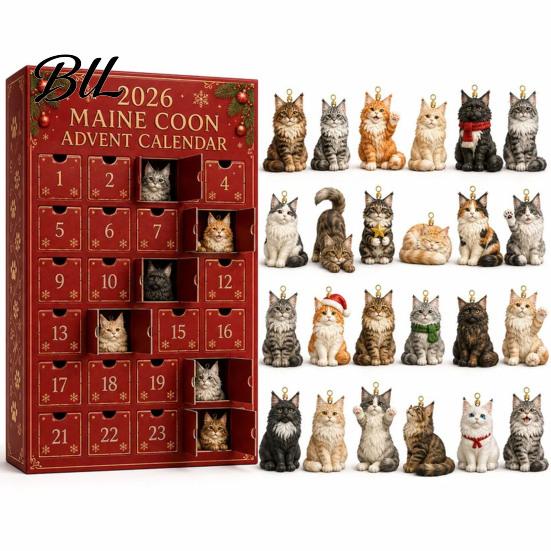 24 Day Christmas Countdown Cat Advent Calendar, with Cute Ornaments, Calendar 2D Acrylic Kitty Holiday Decorations, Gift for Kids, Party Favors Gifts