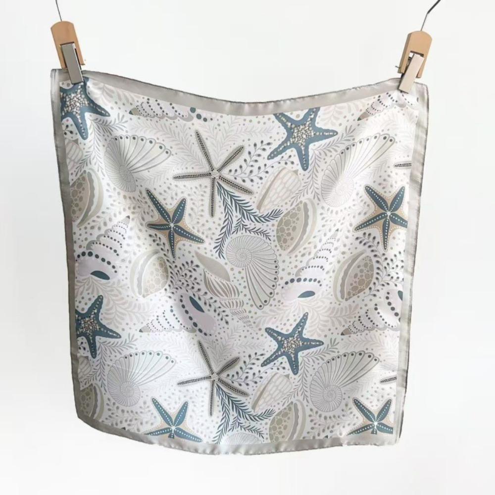 Conch Starfish Print Scarf Sea Star Shell Silk Scarf Retro Satin Hijab  Waist Scarf