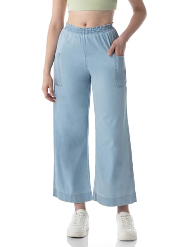INKD Women's Wide Leg Jeans - High-Rise | 100% Cotton| Enzyme Wash | Elasticated Waistband | Jeans for Women