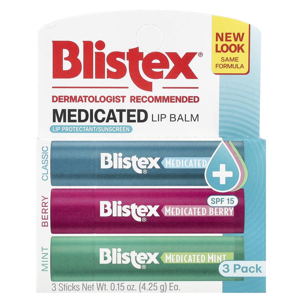 Blistex Medicated Lip Balm, SPF 15, Mint, Berry, Classic, 3 Packs, 4.25 G (0.15 Oz) Each