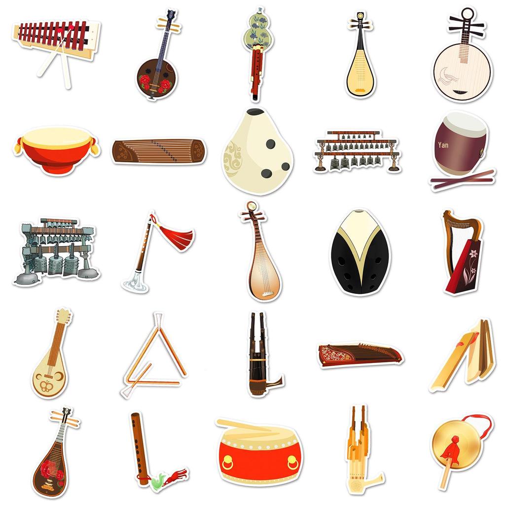 50 стикеров-граффити в китайском стиле с музыкальными инструментами для украшения чехлов для телефонов, чемоданов и бутылок для воды