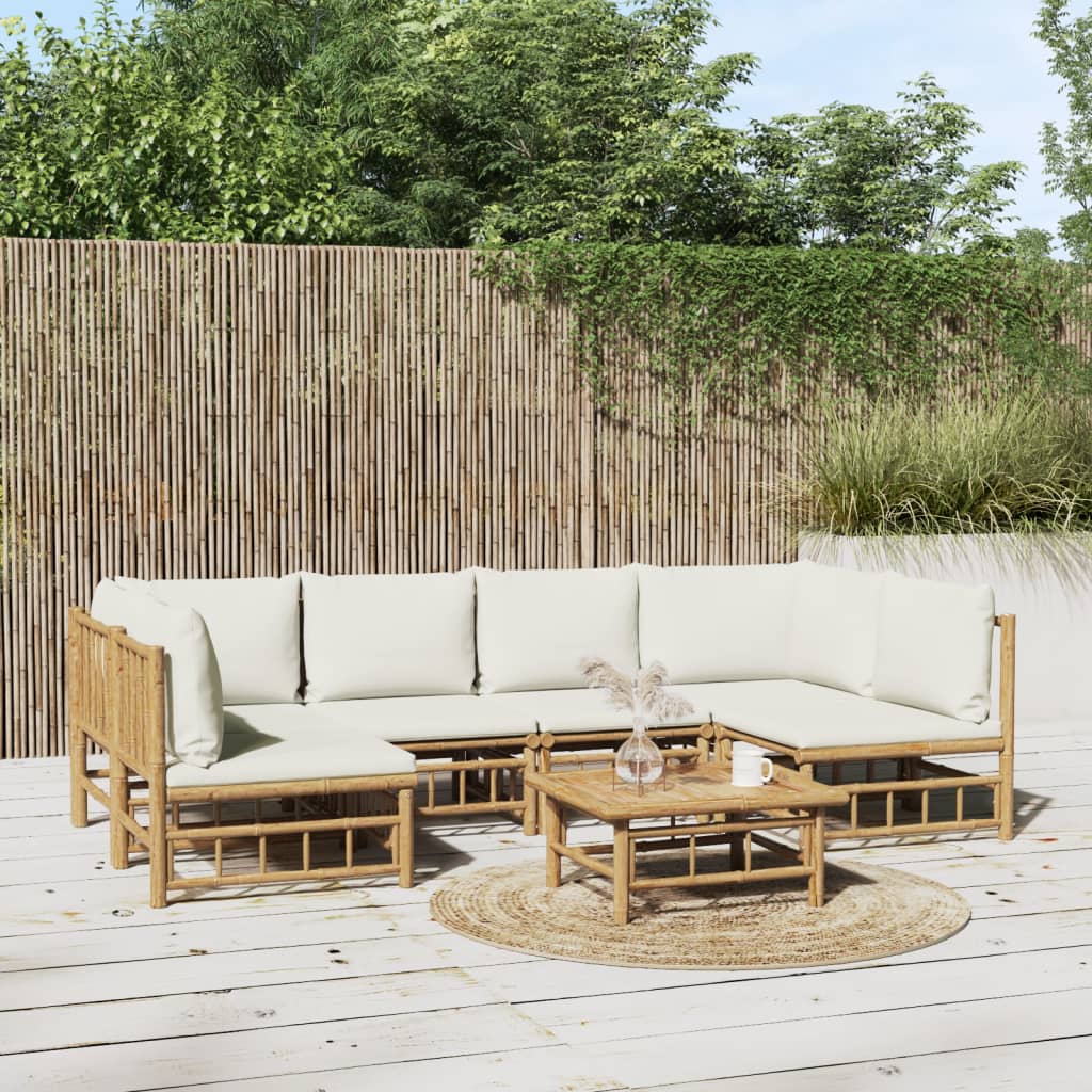 7 Piece Garden Lounge Set with Cream Colored Cushions Bamboo