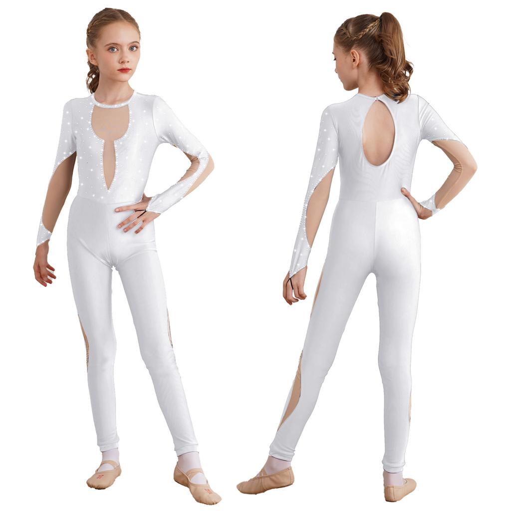 Kids Girls Shiny Gymnastics Unitard Bodysuit Long Sleeve Back Keyhole Mesh Patchwork Ice Skating Jumpsuit