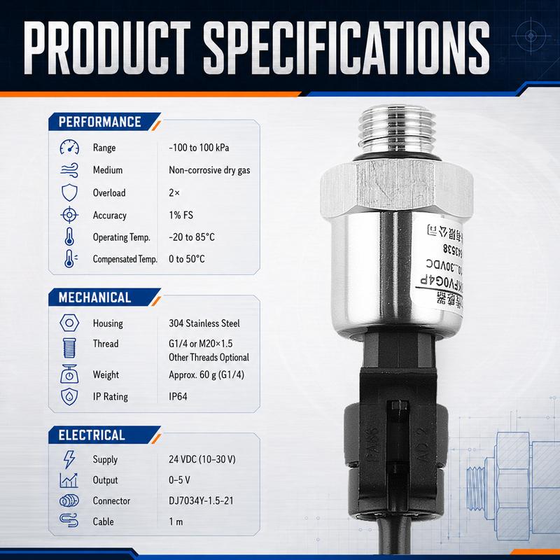 High Precision Vacuum Negative Pressure Sensor -100kpa-0kpa -100kpa-100kpa G1/4 Thread Gas Pressure Transmitter 0-5V Output