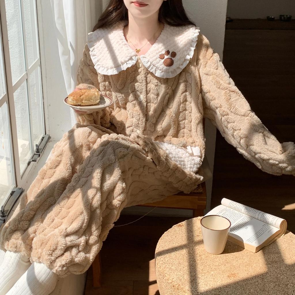 Пижама женская зимняя толстая коралловая бархатная сладкая и милая пшеничная кукольная воротник принцесса ветер кардиган стиль домашняя одежда которую можно носить