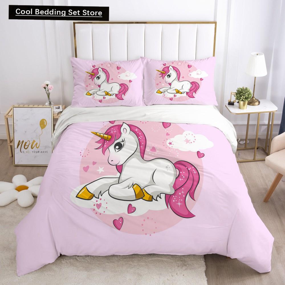 Детский детский розовый комплект постельного белья Queen King Cartoon Unicorn Белый пододеяльник Twin Полный цветной 2/3 шт полиэстеровый пододеяльник