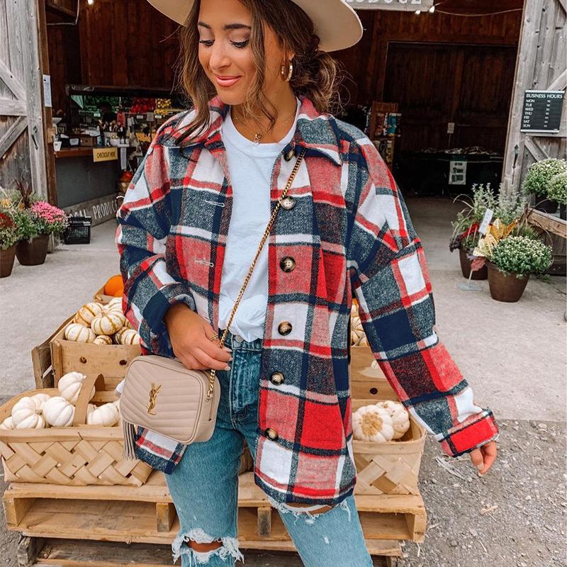 Женское пальто большого размера в клетку, в стиле рубашки, из смесовой шерсти, оверсайз блейзер, осенне-зимняя повседневная верхняя одежда