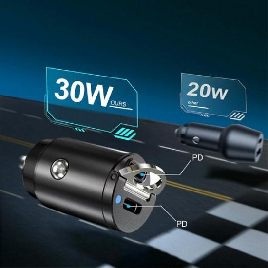 Mini Dual USB Type C PD 30W Fast In-Car Phone Charger Charge Adapter Accessories
