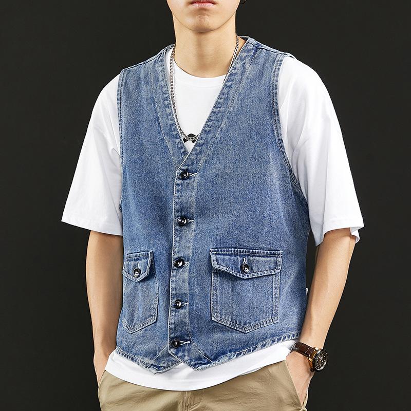 New Men Denim Vest Jacket Fashion Loose Personality Back Strap Casual Blue Male Sleeveless Jean Coat
