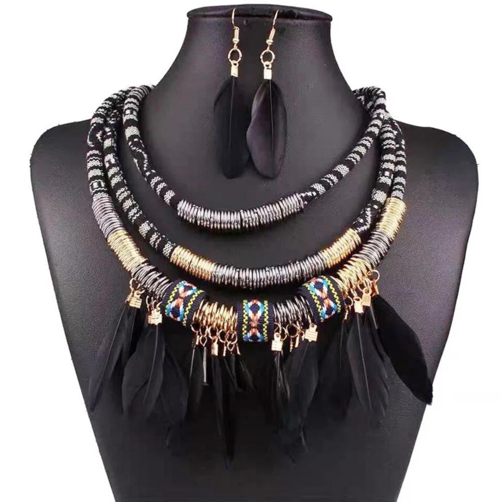 Metal Ethnic Necklace Multilayer Jewelry Sets Exquisite Necklace Earrings Set Women