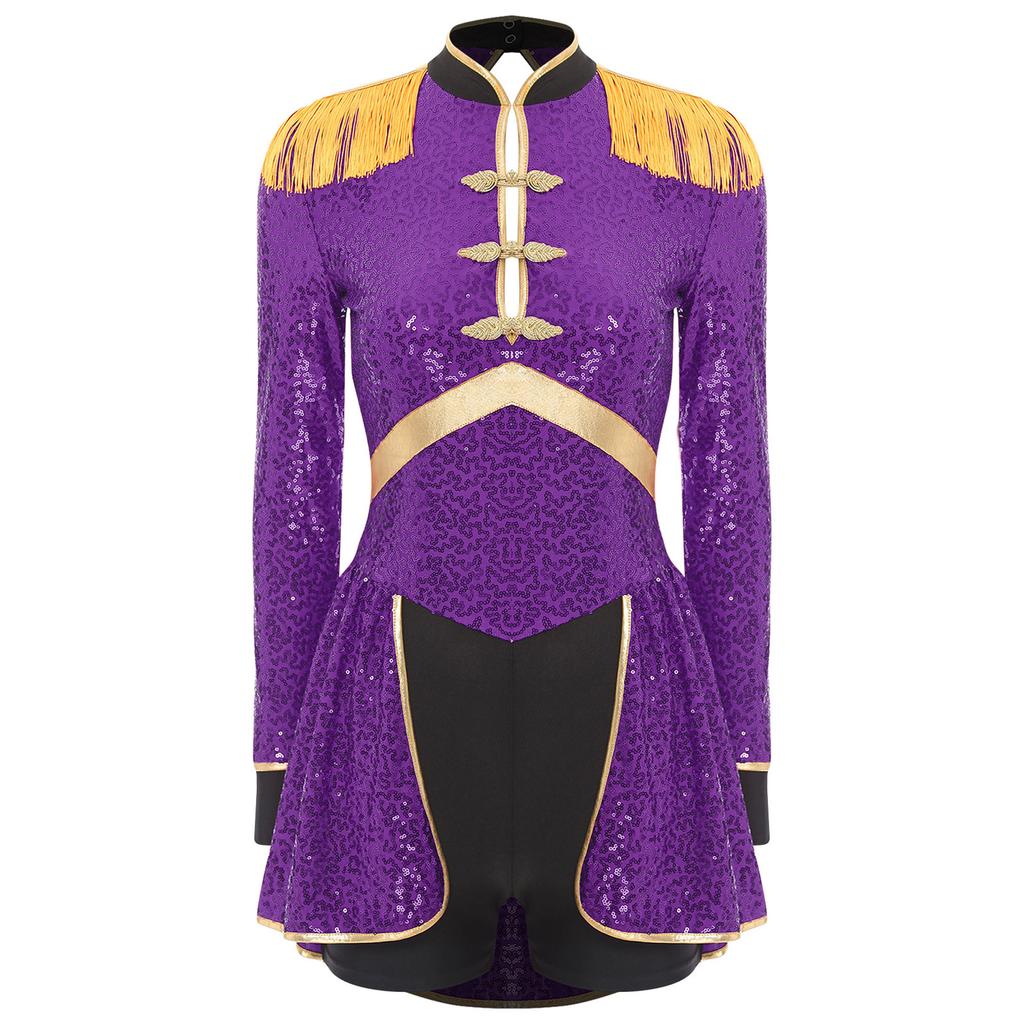 Women Circus Magician Cosplay Bodysuit Long Sleeve Sequins Fringe Epaulet Ringmaster Drummer Halloween Costume