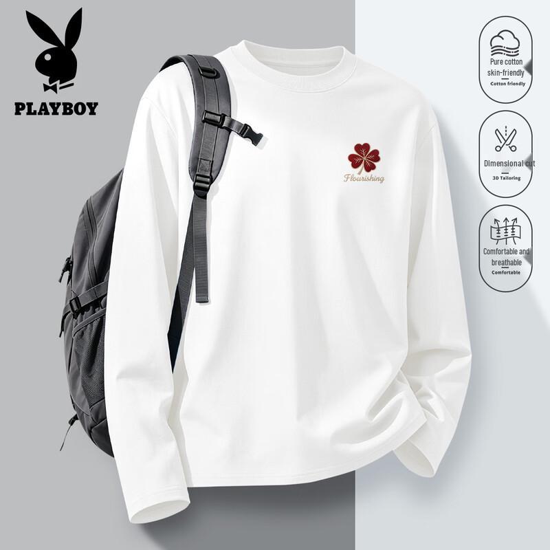 PLAYBOY Men's Cotton Long-Sleeve Clover Print Crewneck T-Shirt