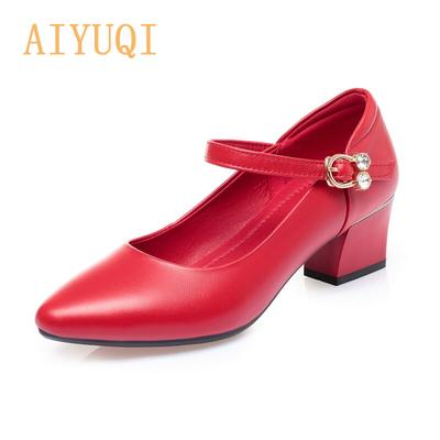 Женская обувь, весенняя женская обувь из натуральной кожи на среднем каблуке, женская обувь большого размера с круглым носком и неглубоким носком