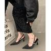 French Back Strap Black Pointed High Heels Rhinestone Thin Heel Niche with Skirt Single Shoes Sandals Women's Black Summer