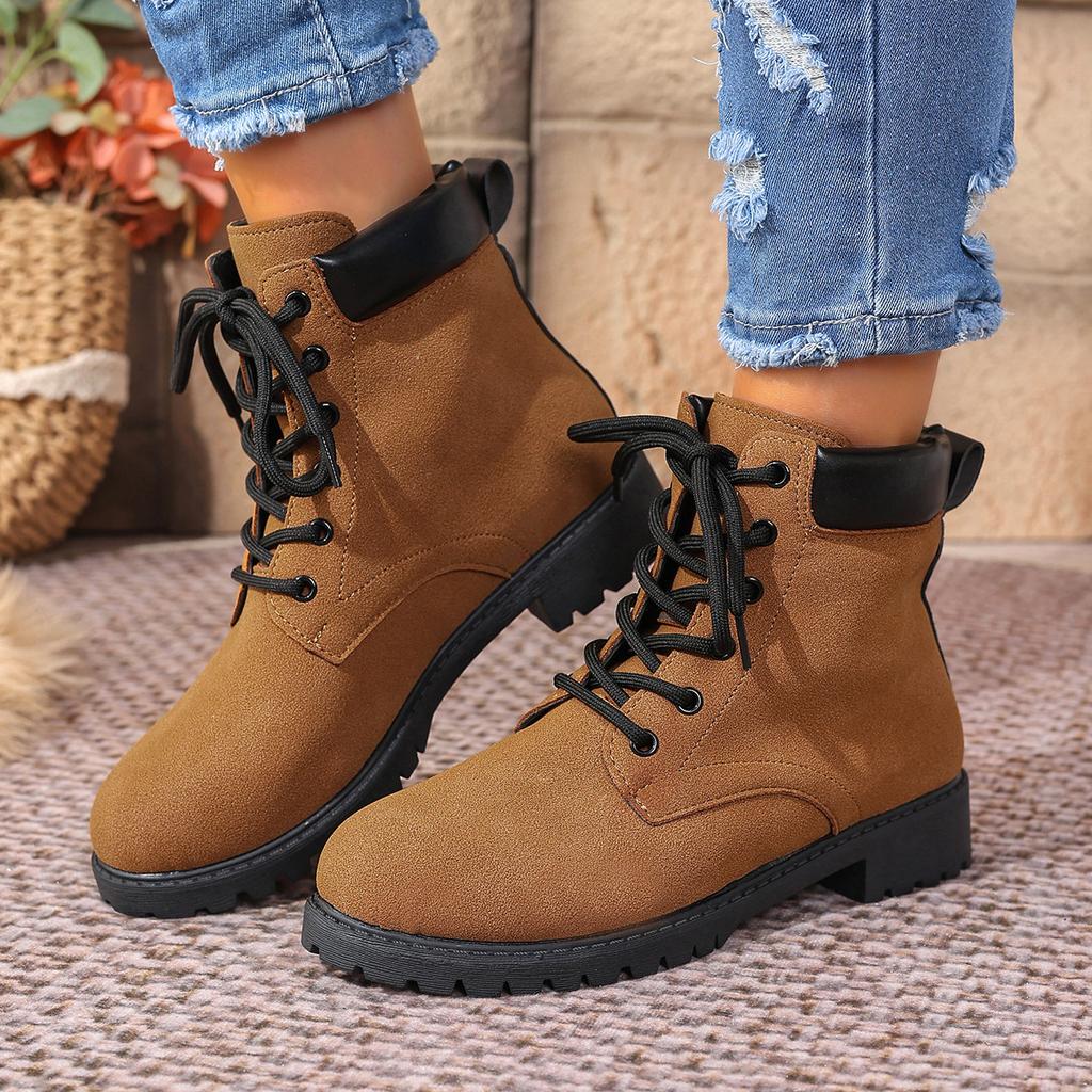 Women's Martin Boots Fashion Color-blocked Boots Front Lace-up Plus Size British Leather Boots Women