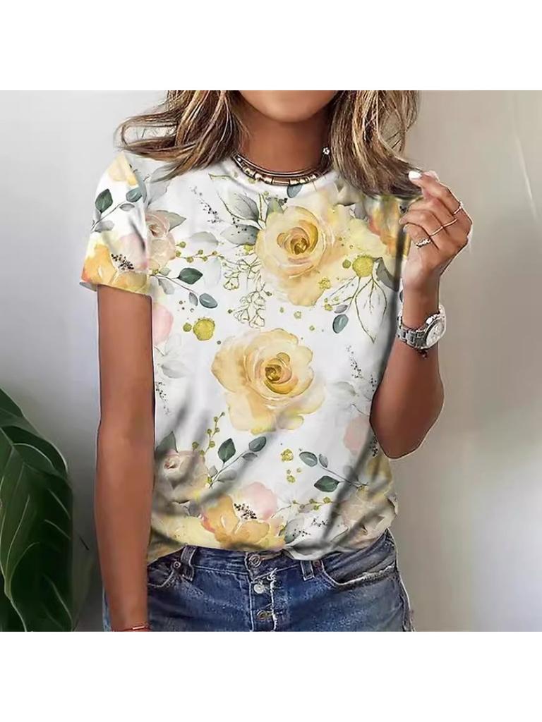 Летняя женская уличная модная футболка с цветочным принтом 3D с коротким рукавом, повседневная универсальная свободная футболка с круглым вырезом, женская одежда
