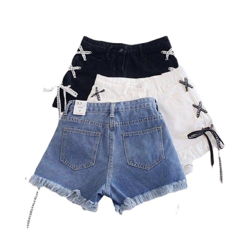 Джинсовые шорты женские летние в корейском стиле с высокой талией для студентов свободные и тонкие широкие шорты с повязками большого размера тренд Y2k Rave
