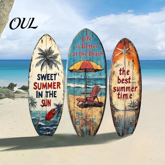 Seaside Room Decoration 1/3Pcs Surfboard Plaque Decoration, Solid Wood Vintage Coastal Wall Sign, Rustic Retro Style Art Ornament for Indoor