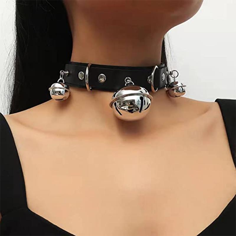 Gothic Punk Choker with Bell Hoop Collar PU Necklace Vintage Retro Harajuku Rock Steampunk Necklace for Women Men Adjustable
