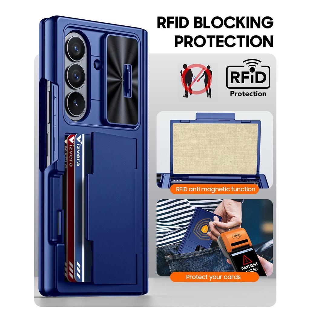 RFID Кошелек-чехол с держателем для карт и выдвижной крышкой для камеры для Samsung Galaxy Z Fold 7 - Синий