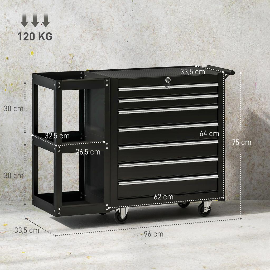 Workshop Tool Trolley, 7 Drawers, Removable Side Shelf, Locking Casters, 96x33.5x75 cm, Black