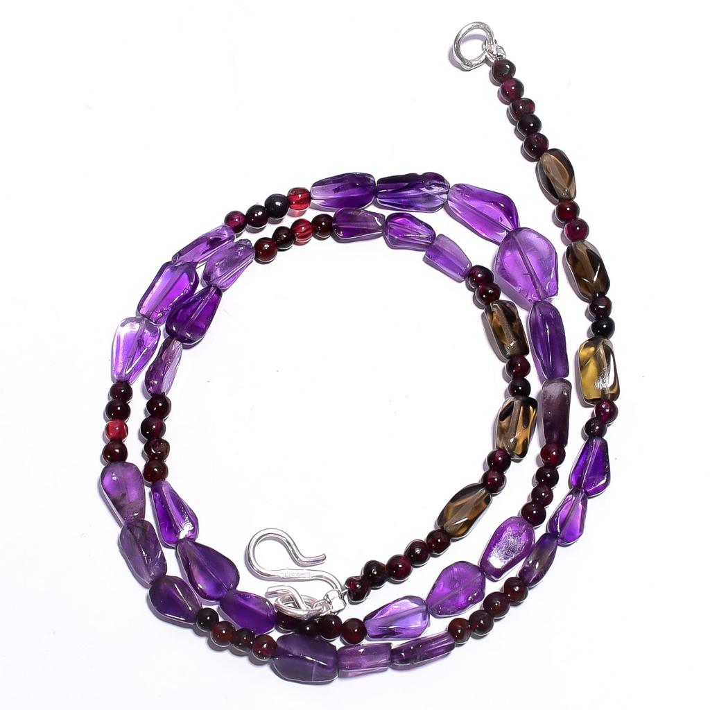 Natural Amethyst Smoky Quartz Garnet Gemstone Smooth Beads Necklace 17" UB-4473 UB-4473