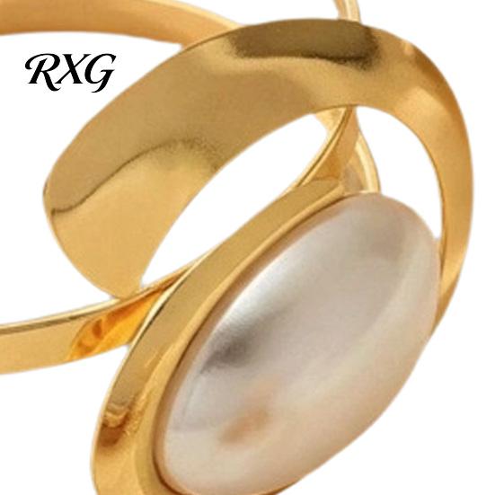Women Jewelry Set 2Pcs Faux Pearl Bangle And Ring Set, Geometric Open Bracelet Banquet Sets & Ring, Minimalist Golden Plated Statement for Party