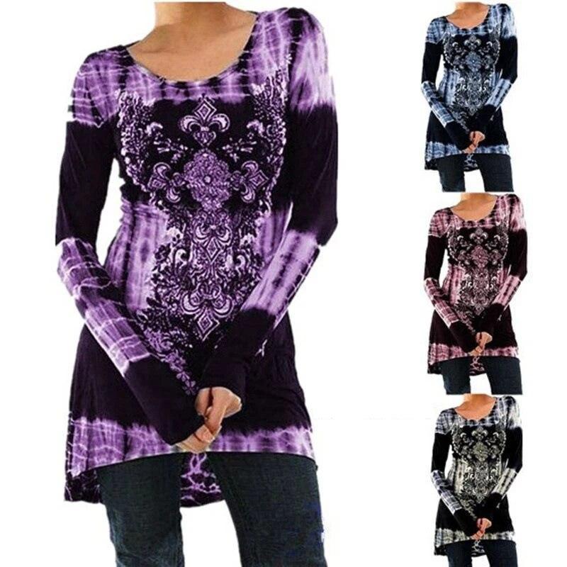Осень-весна женские богемные блузки с цветочным принтом, туника, топ с цветными блоками, рубашки с круглым вырезом и длинными рукавами, свободная повседневная футболка в стиле бохо