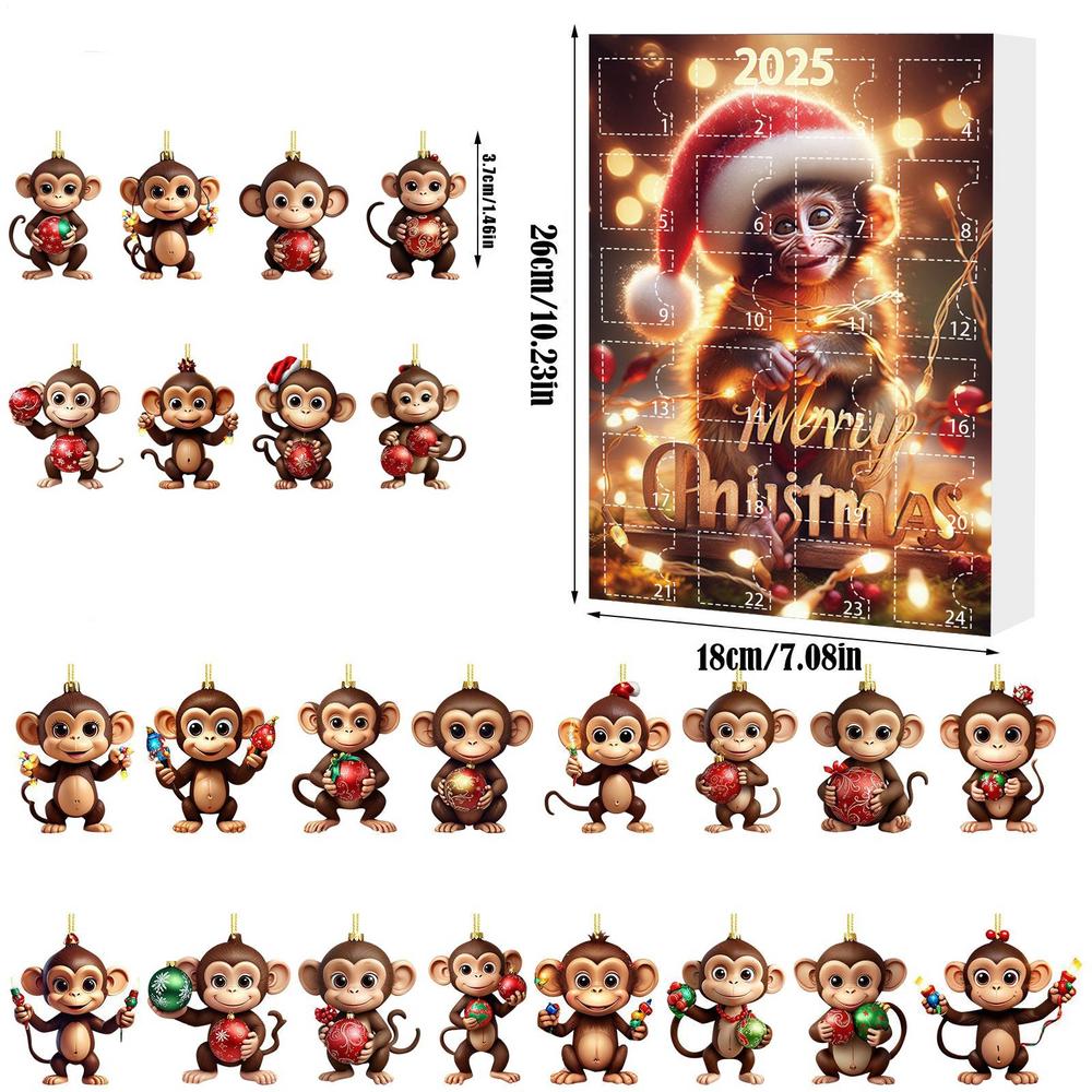 Christmas Countdown Calendar with Acrylic Monkey Pendants 2D Car Ornament 24-Day Advent Calendar for Holiday Offices Room