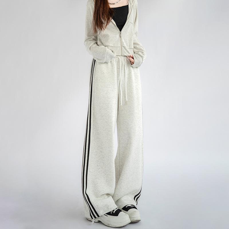 Three Bars and Two Sweatpants for Women's Autumn New High-waisted and Thin Wide-leg Pants Versatile Casual Drawstring Sweatpants