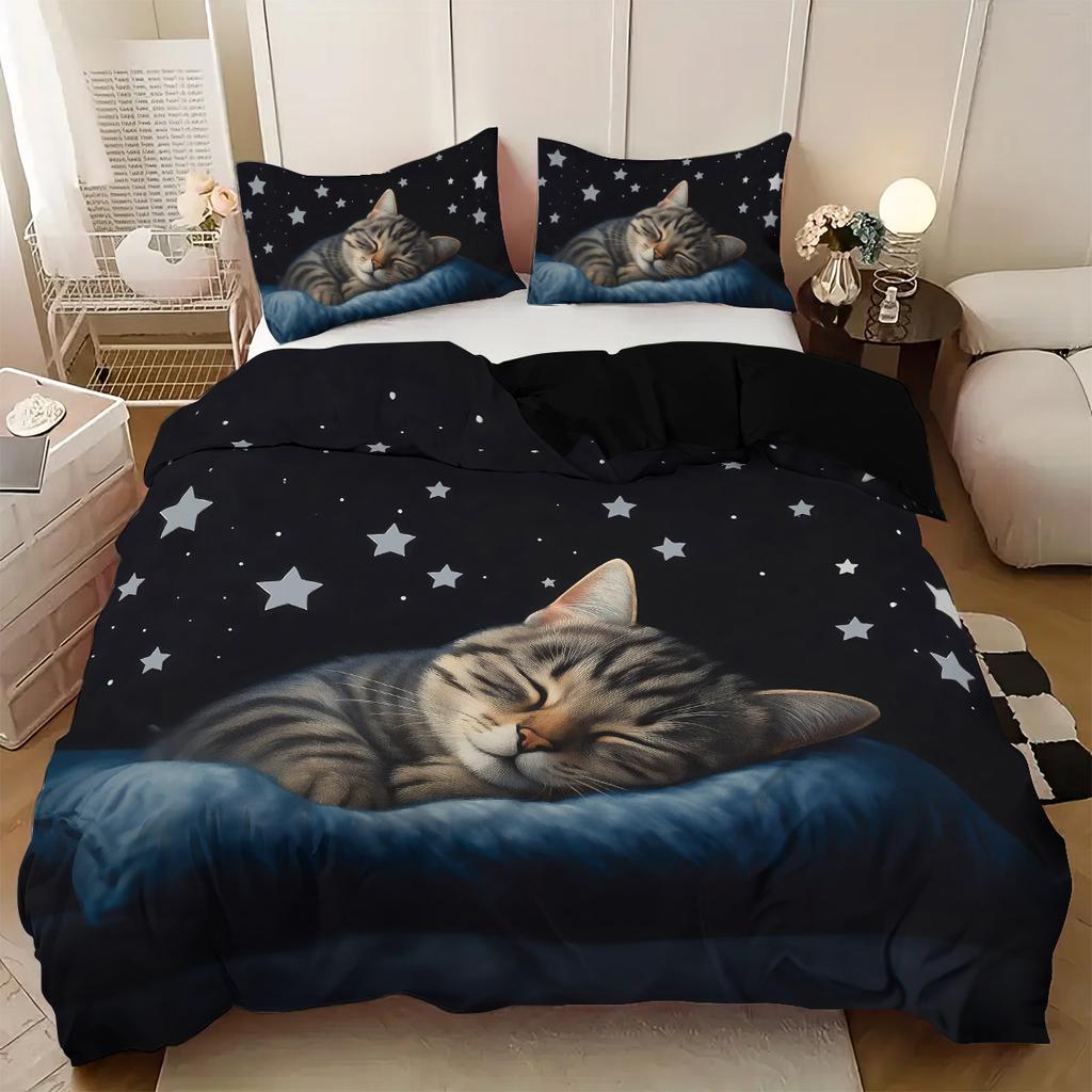 3pcs Sleeping Cat Pattern Printed Bedding Set, 1*quilt Cover+2*pillowcase, Suitable for King Bed, Single Bed for All Seasons