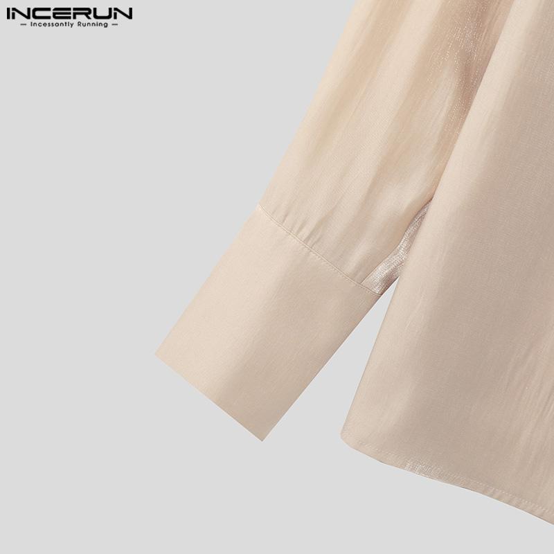 INCERUN Мужские атласные рубашки большого размера с бантом на шнуровке и длинными рукавами