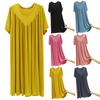Женское летнее платье, плиссированное сплошное цветное платье с круглым вырезом и короткими рукавами, тонкий свободный пуловер длиной до колена, повседневная повседневная одежда, женское платье миди