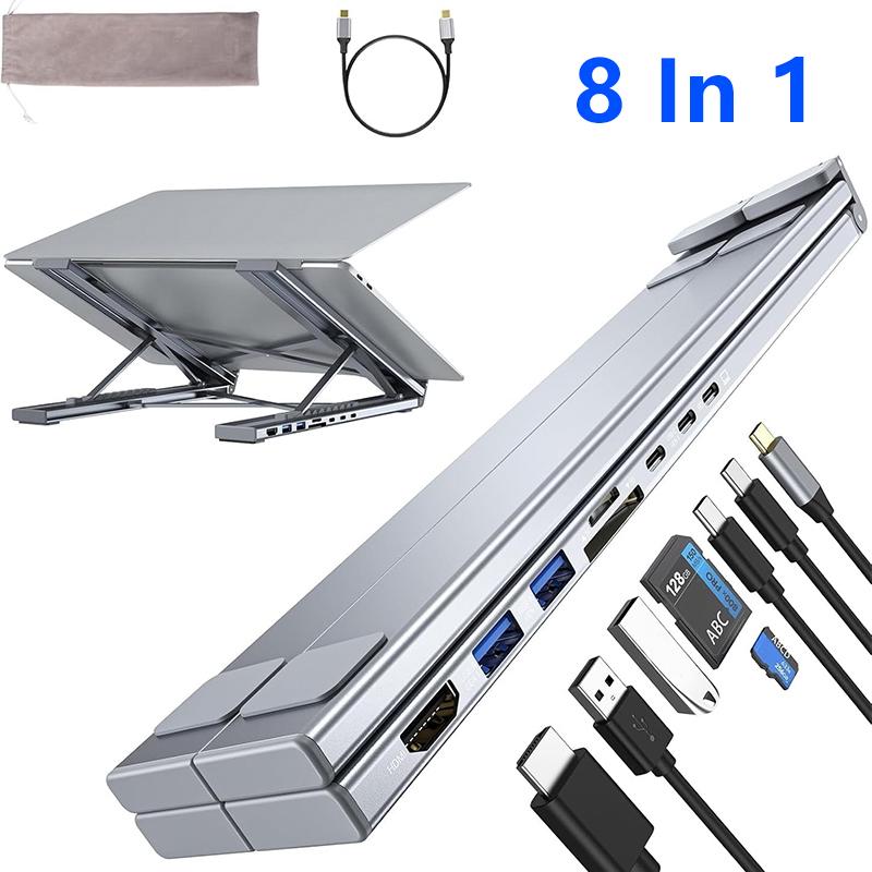 8-in-1 USB-C Laptop Stand With Docking Station Universal USB C Dock Tablet Stand Foldable Type-C Hubs Adapter Plug Play
