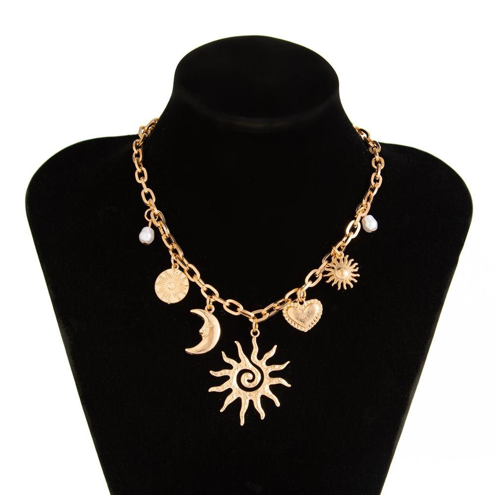 Fashion Chains Choker Heart Exaggeration Necklace Trendy Sun Moon Pendant  Beach