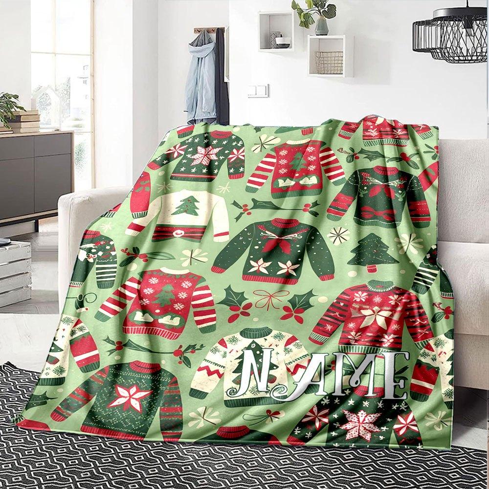 Festive Christmas Sweater Pattern Home Customize Your Name Blankets Soft Cozy Lightweight For Year Round Use Perfect For Picnics Sofa Office Bed