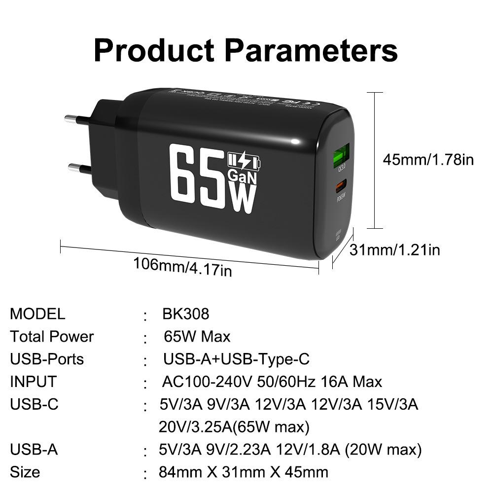 Зарядное устройство GaN USB Type C 65 Вт, быстрое зарядное устройство PD 45 Вт QC3.0, быстрое зарядное устройство USB C Type C для ноутбука Macbook, iPad, планшета iPhone 15, Samsung