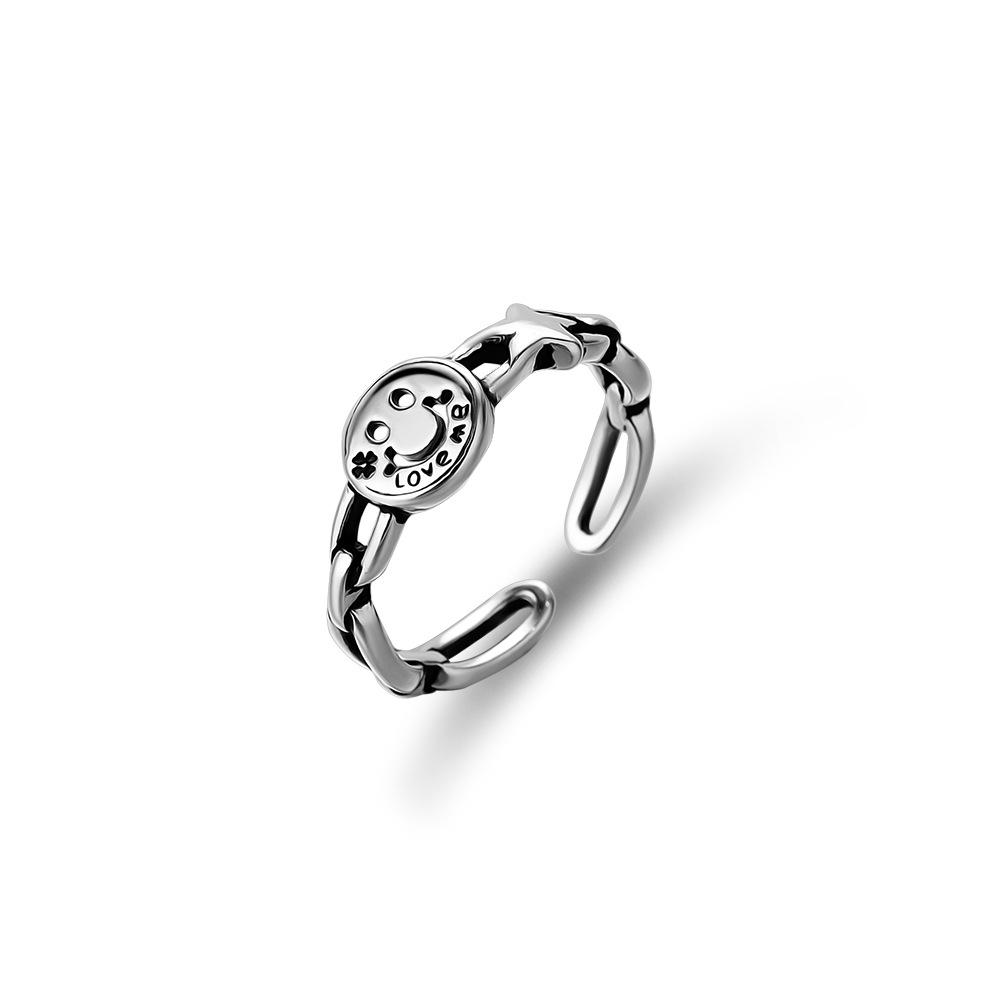 S925 Silver Vintage Smiley Face Open Ring Adjustable Women Jewelry