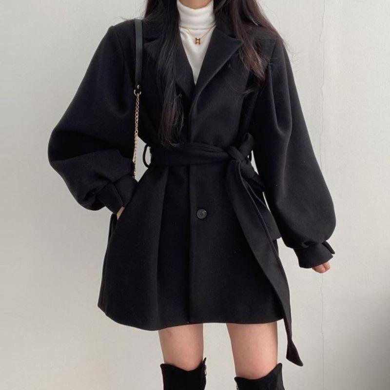 Korean Version of Chic Autumn and Winter Loose Style Coat Women's Woolen Suit Collar Mid-length Woolen Coat Women