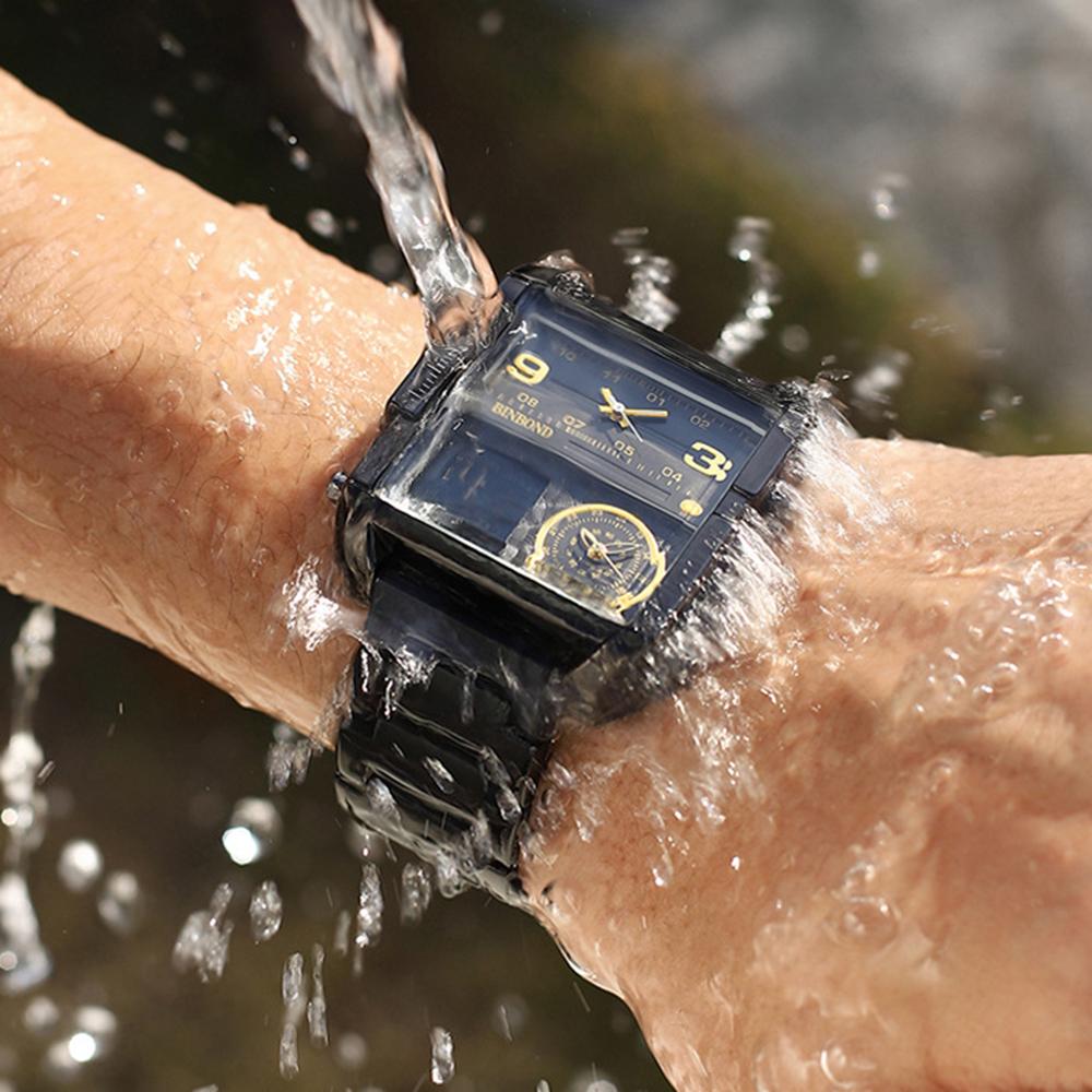 BINBOND Модные квадратные наручные часы с большим циферблатом, кварцевые часы с тремя дисплеями для мужчин, многофункциональные спортивные часы, мужские наручные часы