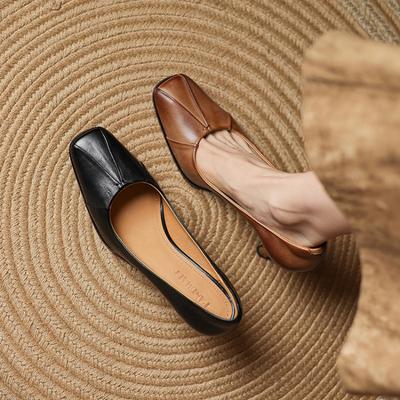 Новые удобные туфли-лодочки на одной педали, квадратный носок, на все сезоны, маленькие кожаные туфли, женские туфли на тонком каблуке большого размера, кожаные повседневные туфли с низким верхом, средней высоты