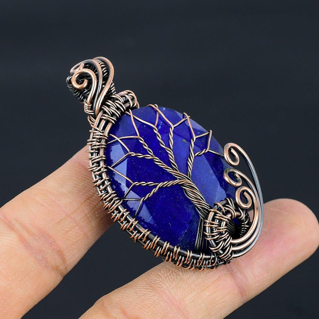 Tree Of Life Blue Sapphire Pendant, Handmade Gemstone Pendant, 999 Copper Wire Wrapped Pendant Antique Jewelry, For Engagement Gift