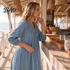 Casual Wear Dress Bohemian Ruffle V-Neck Long Dress, 3/4 Sleeves Maxi for Solid Color Vacation Women, Loose Spring Fall Breathable Women Dresses